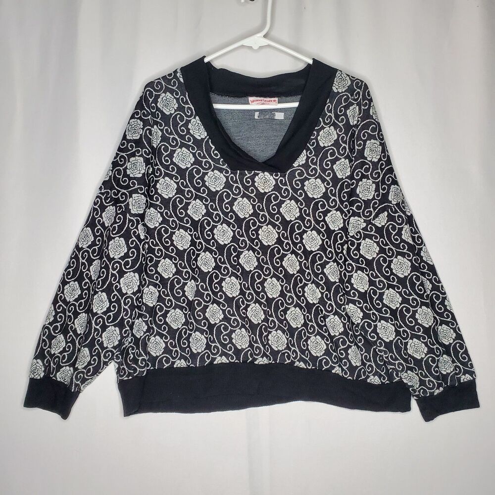 Young‎ Stuff Vtg Knit Sweatshirt Womens 3X Black White Dark Rose 80s Grunge Rock